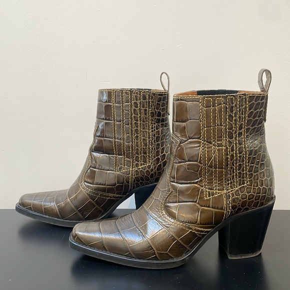 GANNI Womens 39 (8) Callie Croc Cowboy ankle Boots Kalamata dark green western - Picture 1 of 14